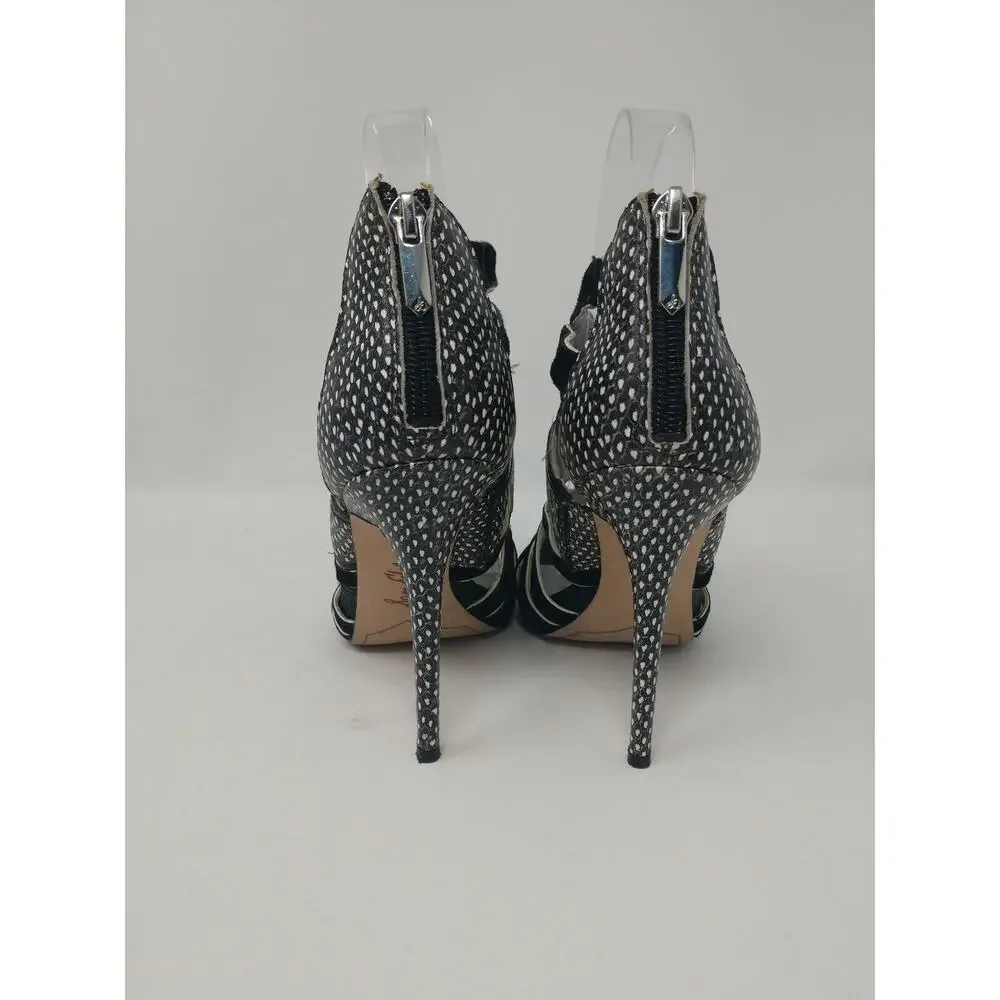 Sam Edelman Jazz Strappy Embossed Snake Heels 6M Black White Clear Triangle Cut